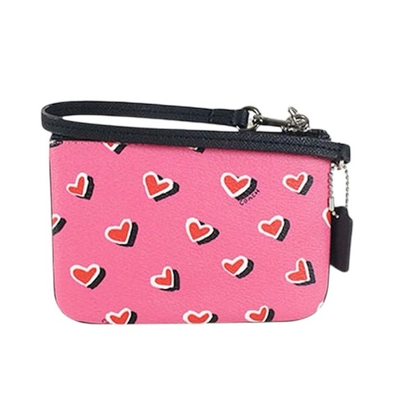 Coach Pink and Red Heart Pattern Wristlet Black Strap NWT - Picture 3 of 7